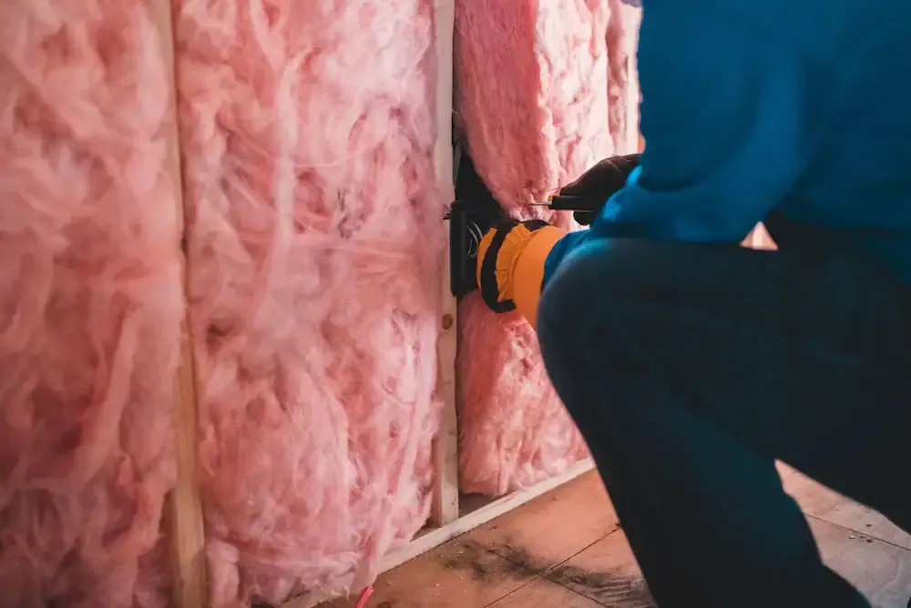 Worker installing stone wool insulation