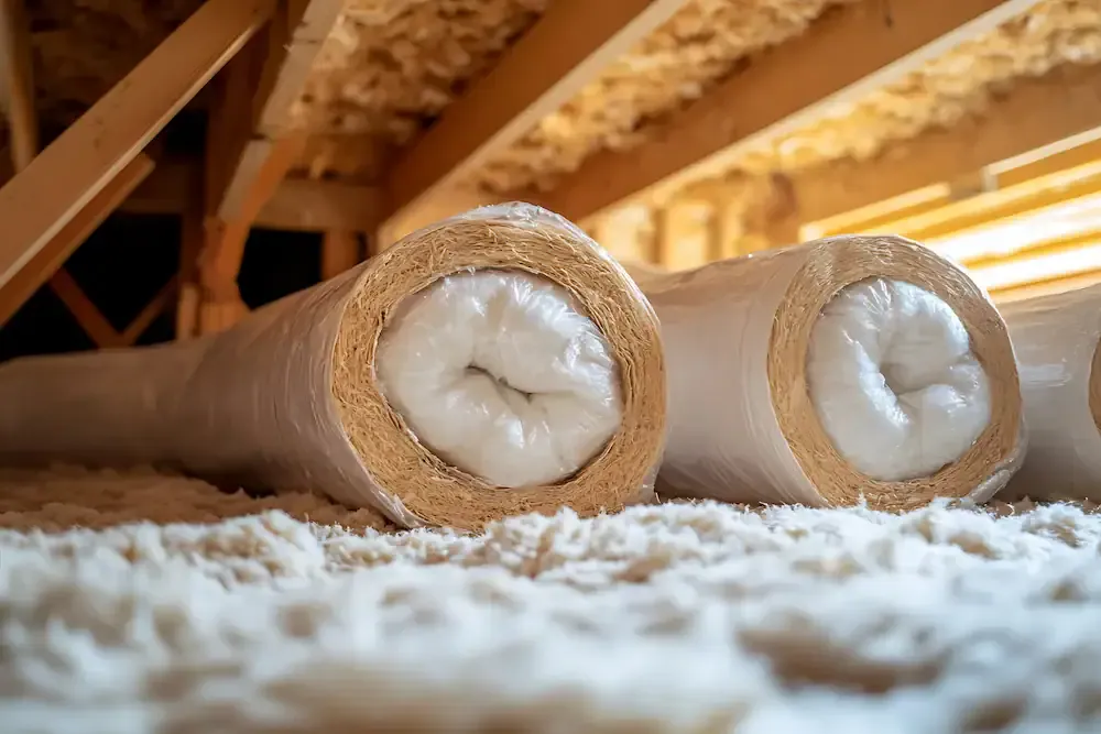 Fibreglass insulation rolls in attic